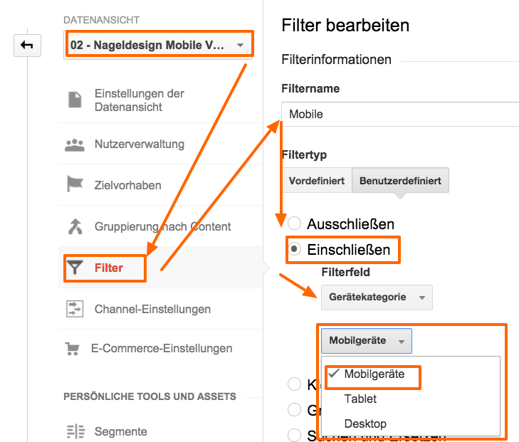 Google Analytics mobiler Datenansichtsfilter