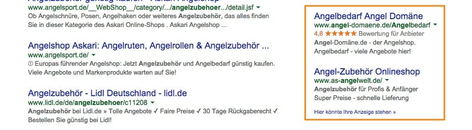 Drei Google AdWords-Anzeigen. Davon eine mit Verkäuferbewertungen