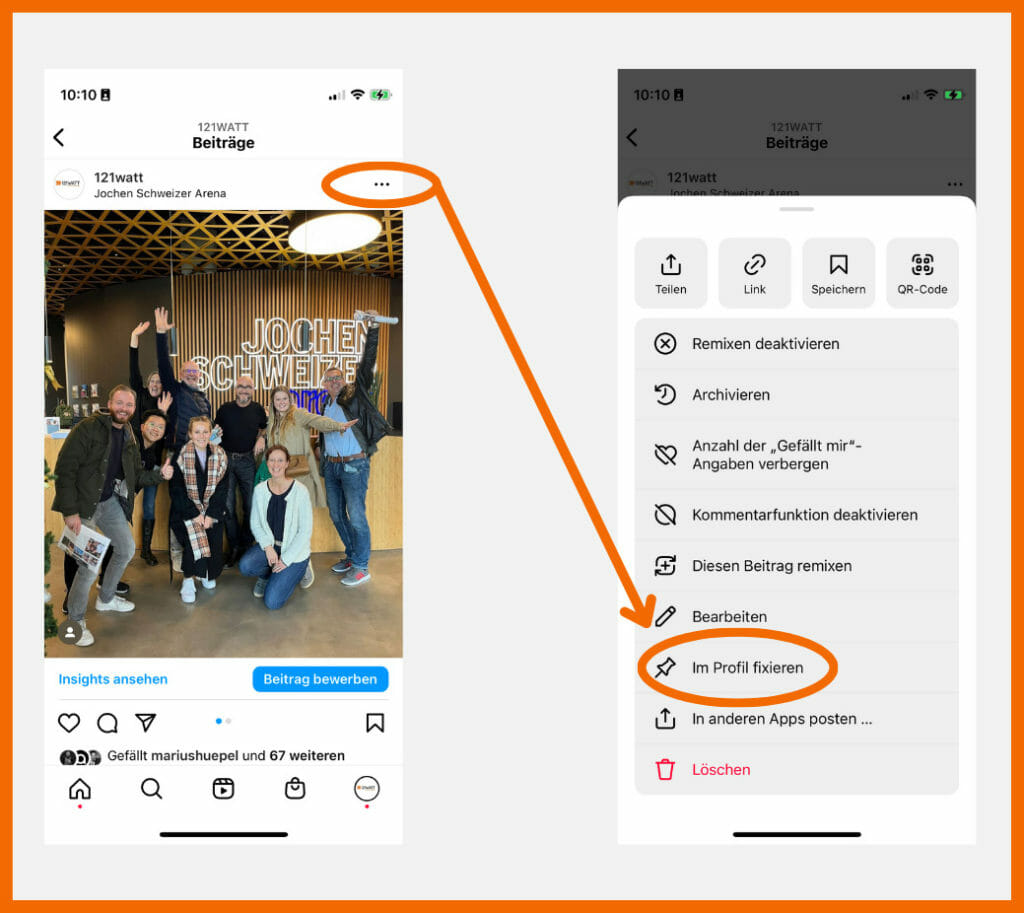 Fixiere Posts in deinem Instagram Kanal, indem du bei dem entsprechenden Bild auf die 3 Punkte und dann auf "Im Profil fixieren" klickst.