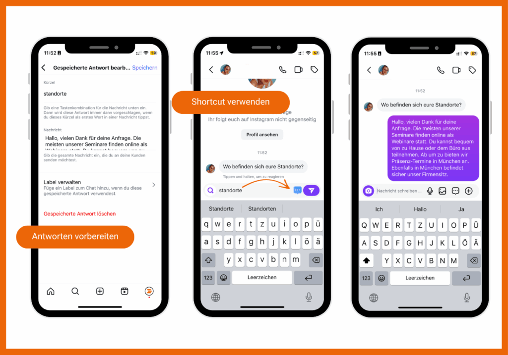Hier erstellst du formulierte Antworten auf deine FAQs, mit denen du Nachrichten per Shortcut beantworten kannst: Business-Tools und -Einstellungen > Gespeicherte Antworten
