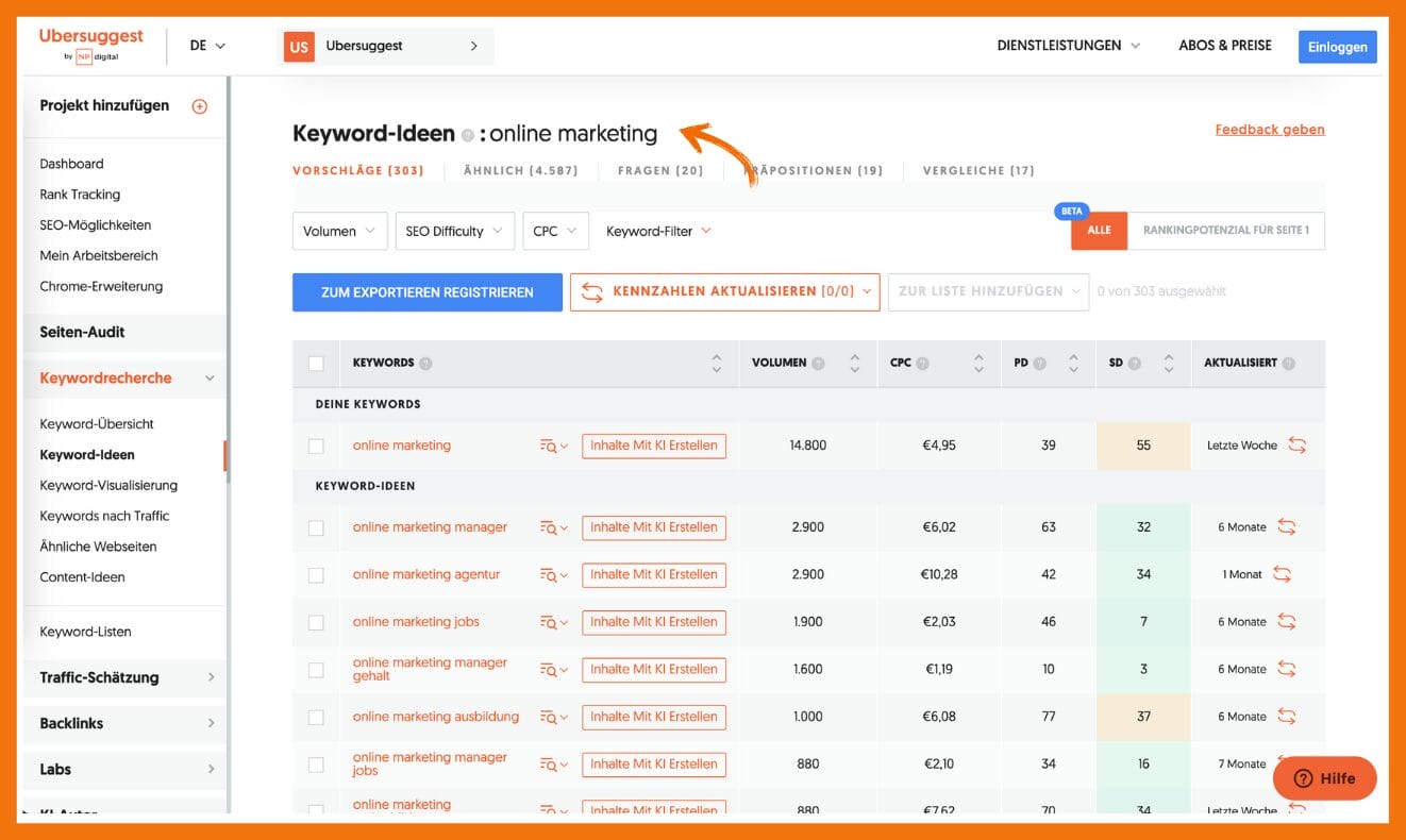 Hier siehst du den Einsatz von Ubersuggest