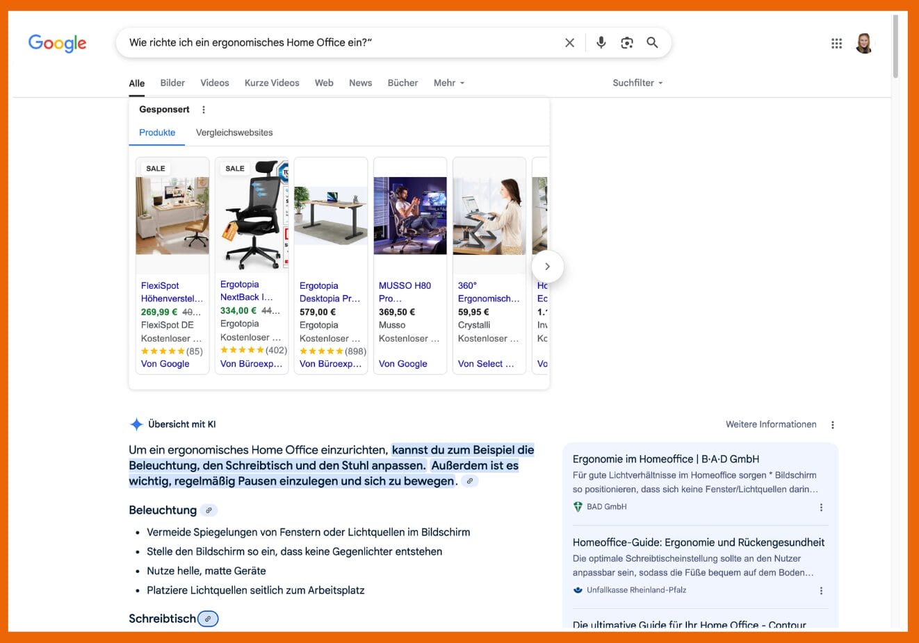 Hier siehst du Shopping Anzeigen über dem AI Overview