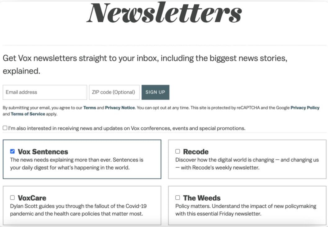 Der Screenshot zeigt das Opt-In-Formular von Vox