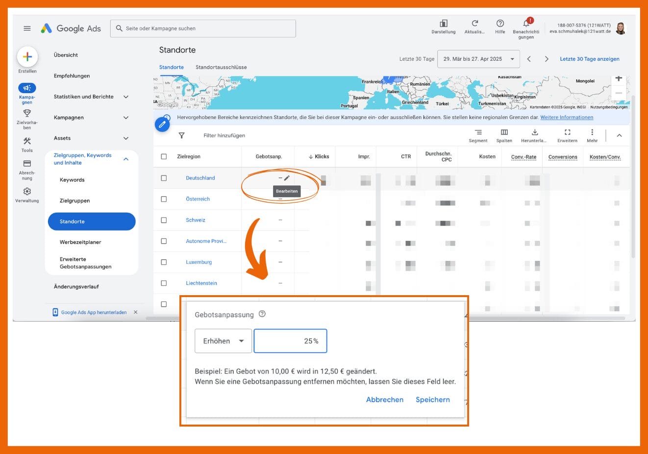 So stellst du Gebotsanpassungen anhand des Standorts in Google Ads ein.