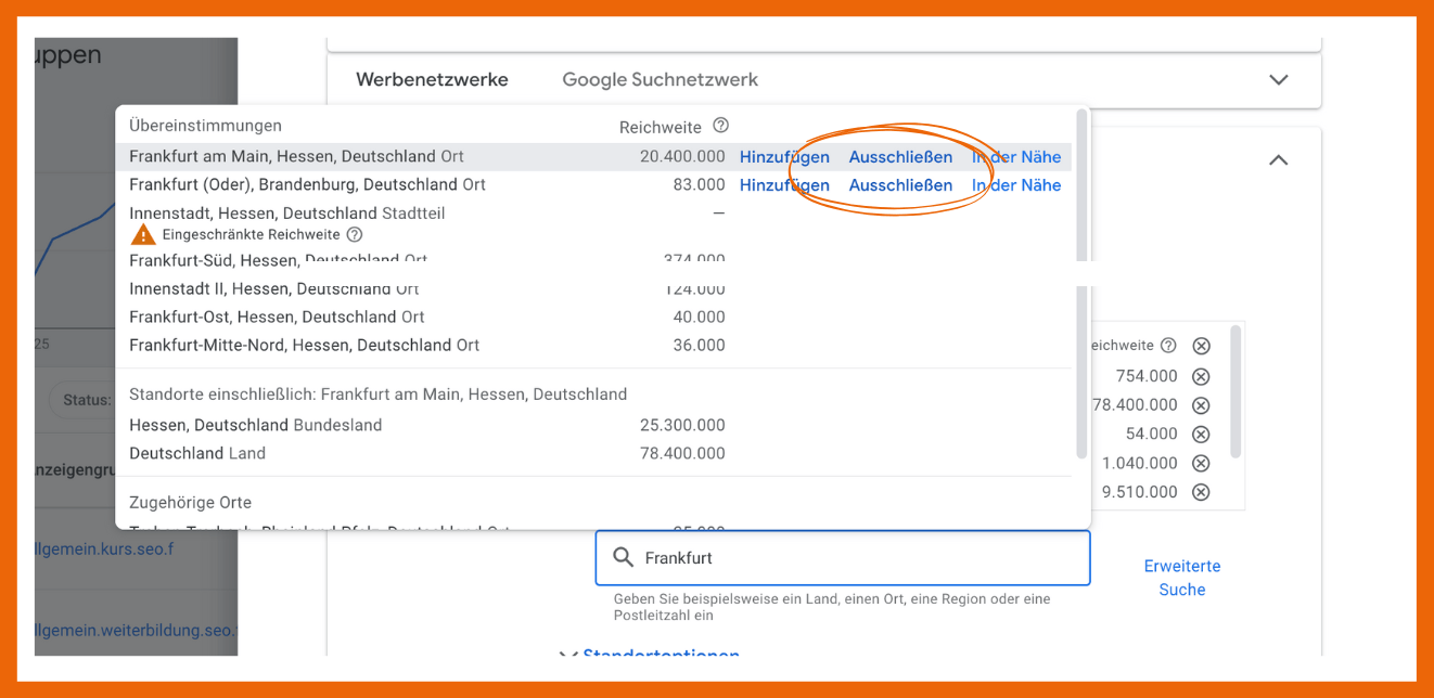 Hier fügst du Standortausschlüsse in Google Ads hinzu.