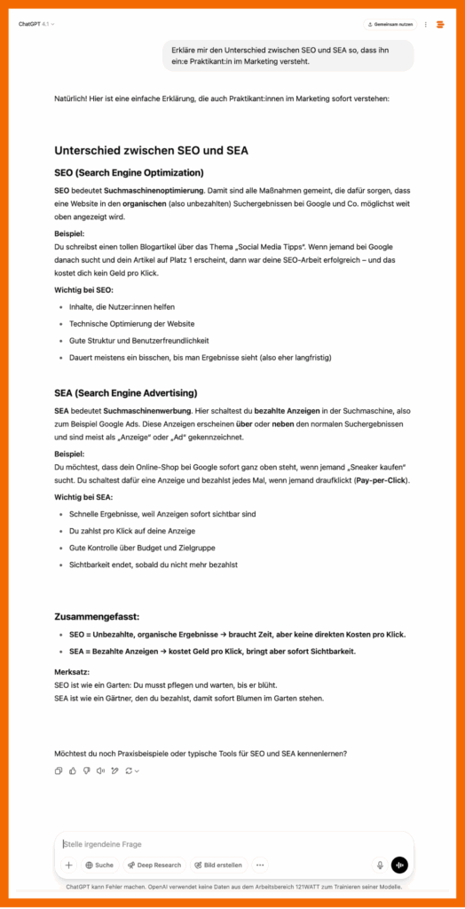 Welches GPT-Modell ist das richtige für mich? So antwortet GPT-4.1 auf die Frage "Erkläre mir den Unterschied zwischen SEO und SEA so, dass ihn ein:e Praktikant:in im Marketing versteht.