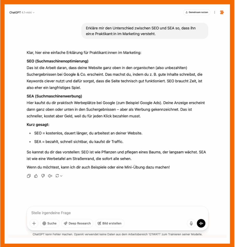 Welches GPT-Modell ist das richtige für mich? So antwortet GPT-4.1-mini auf die Frage "Erkläre mir den Unterschied zwischen SEO und SEA so, dass ihn ein:e Praktikant:in im Marketing versteht.