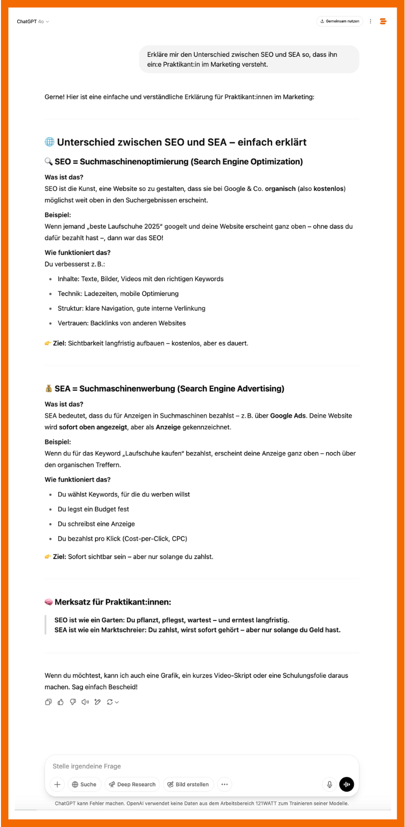 Welches GPT-Modell ist das richtige für mich? So antwortet GPT-4o auf die Frage "Erkläre mir den Unterschied zwischen SEO und SEA so, dass ihn ein:e Praktikant:in im Marketing versteht.