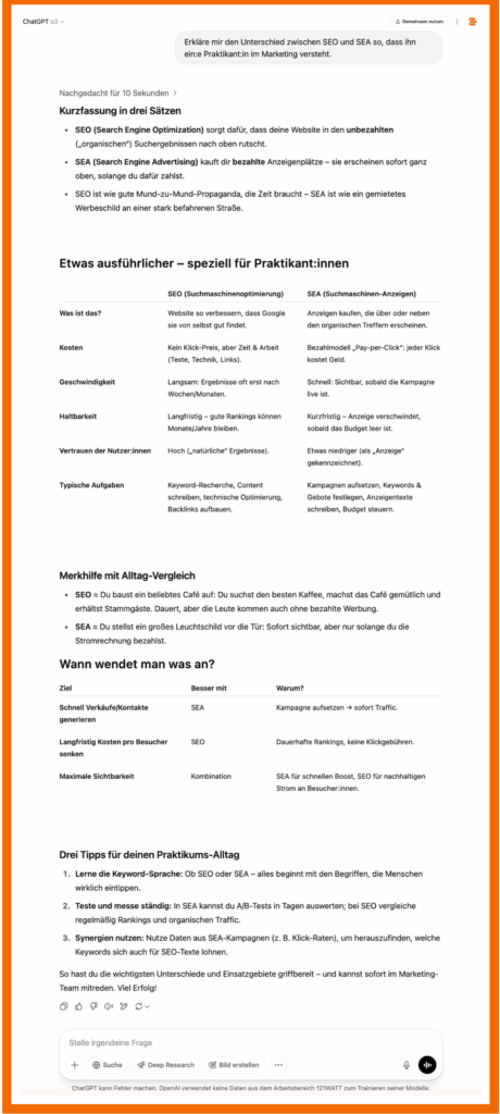 Welches GPT-Modell ist das richtige für mich? So antwortet o3 auf die Frage "Erkläre mir den Unterschied zwischen SEO und SEA so, dass ihn ein:e Praktikant:in im Marketing versteht.