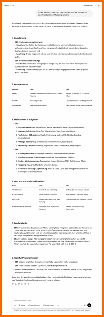 Welches GPT-Modell ist das richtige für mich? So antwortet o4-mini auf die Frage "Erkläre mir den Unterschied zwischen SEO und SEA so, dass ihn ein:e Praktikant:in im Marketing versteht.