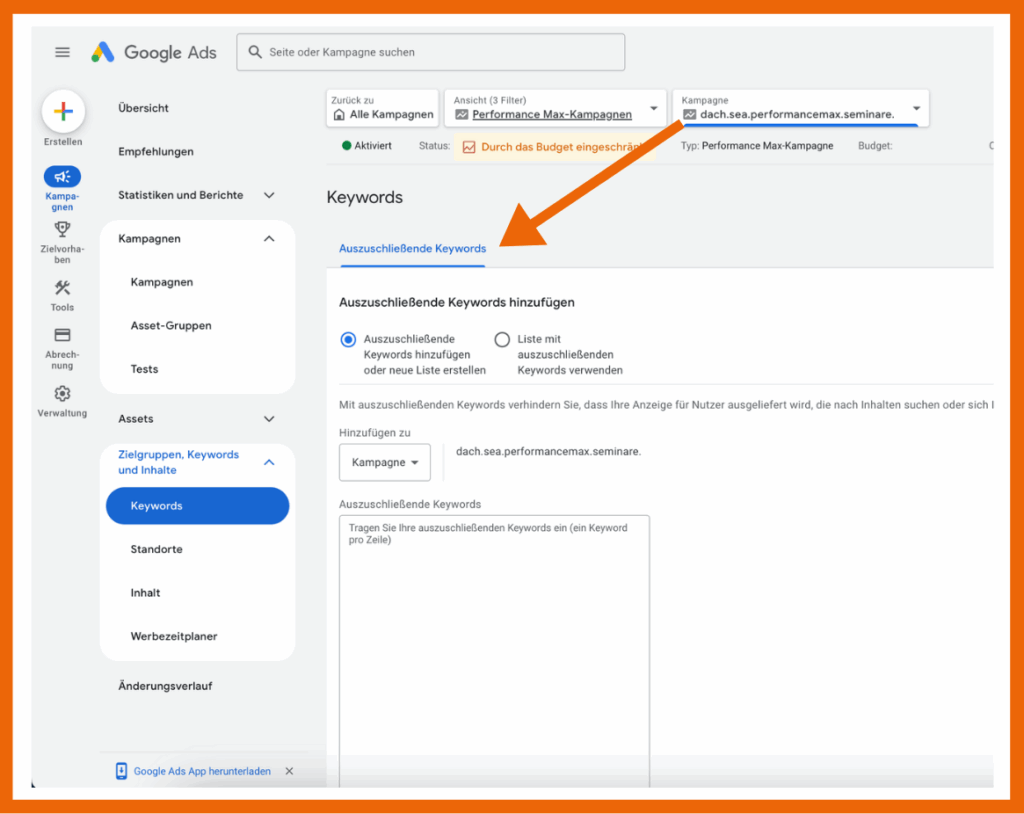 Ab sofort kannst du in deinen PMax Kampagne auch negative Keywords hinterlegen.
