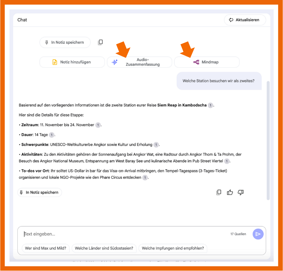 Im Chatfenster kannst du NotebookLM Fragen an die Inhalte stellen.