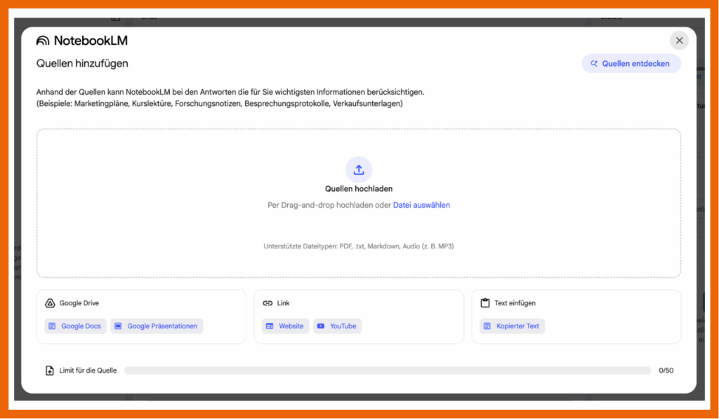 Hier lädst du Quellen in NotebookLM hoch