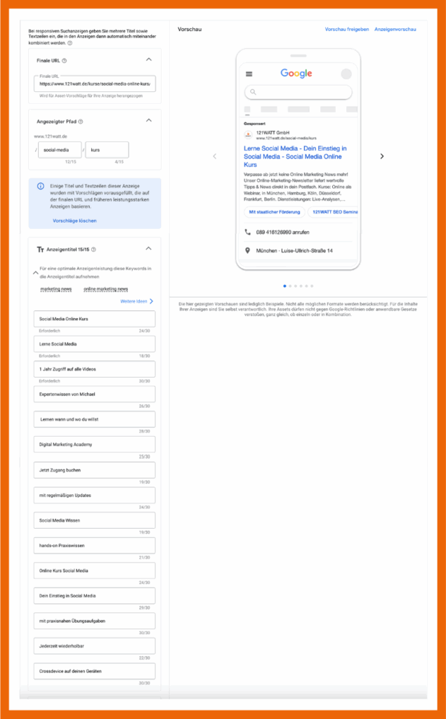 Beispiel für Text Assets in einer Google Ad