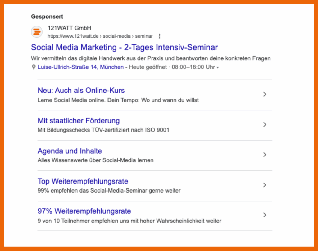 Beispiel für eine Google Ad mit Sitelink Assets