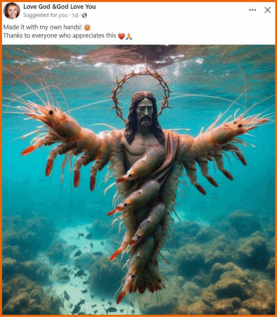 Ki-generiertes Bild von Jesus, unter Wasser, verschmolzen mit Shrimp.