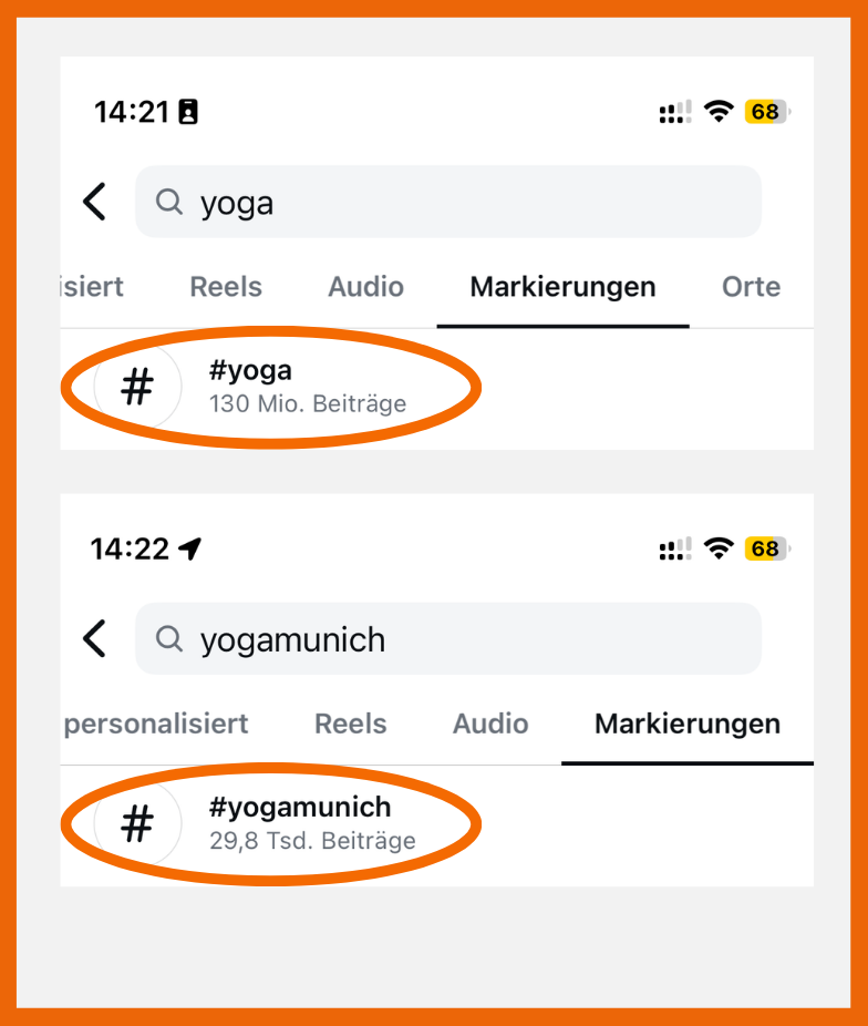 Der Hashtag #yoga kommt auf 130 Millionen Beitäge, während der Hashtag #yogamunich nur 29,8 Tausen Beiträge enthält. 