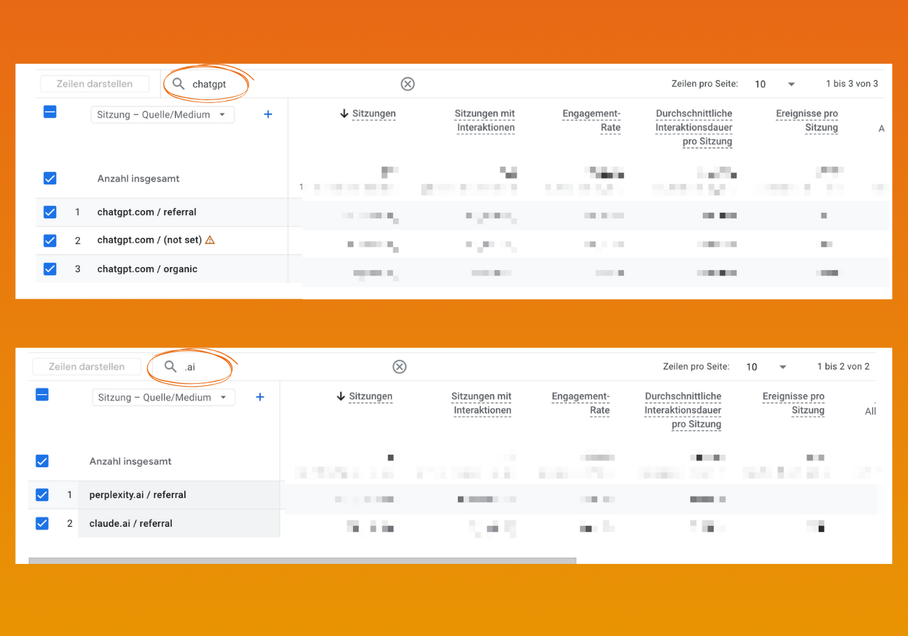 Such im Bericht nach Wörtern wie ".ai" oder "chatgpt" um den Traffic aus LLMs sichtbar zu machen