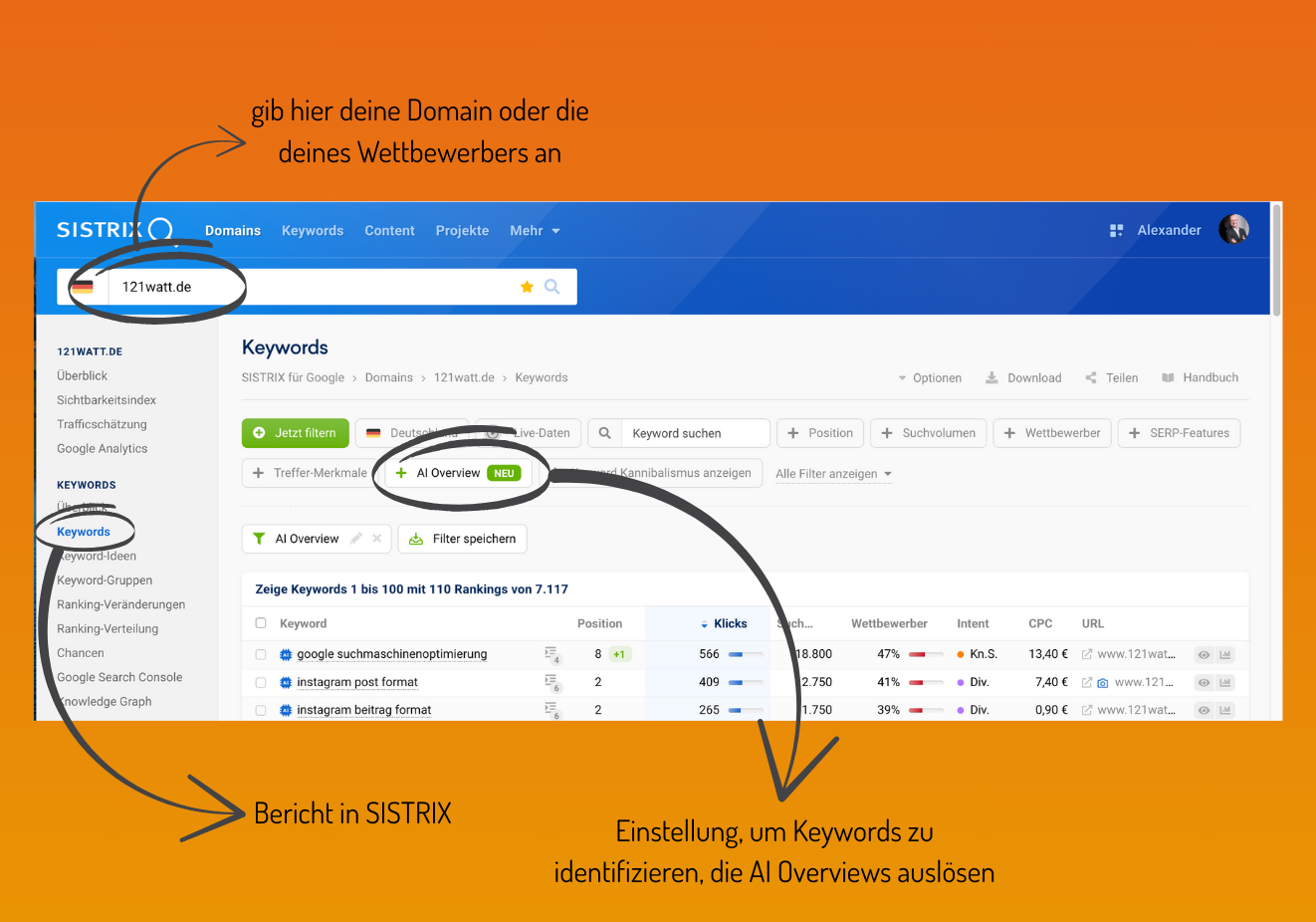 Überprüfe die Performance deiner relevanten Keywords in SISTRIX. Domain > Keywords > AI Overview