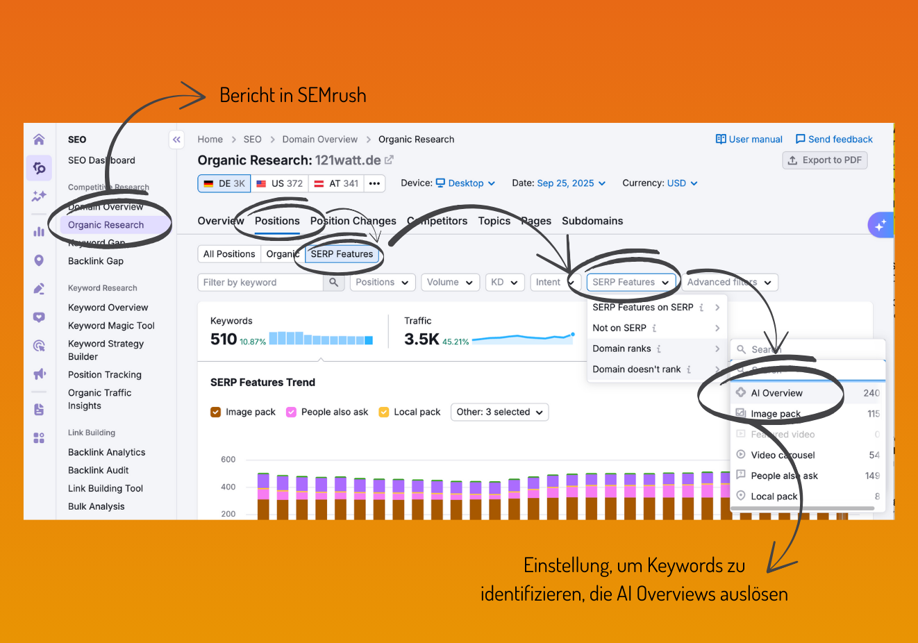 Überprüfe die Performance deiner wichtigsten Keywords in den AI Overviews in SEMrush. Domain > organic Research > SERP Features > AI Overviews