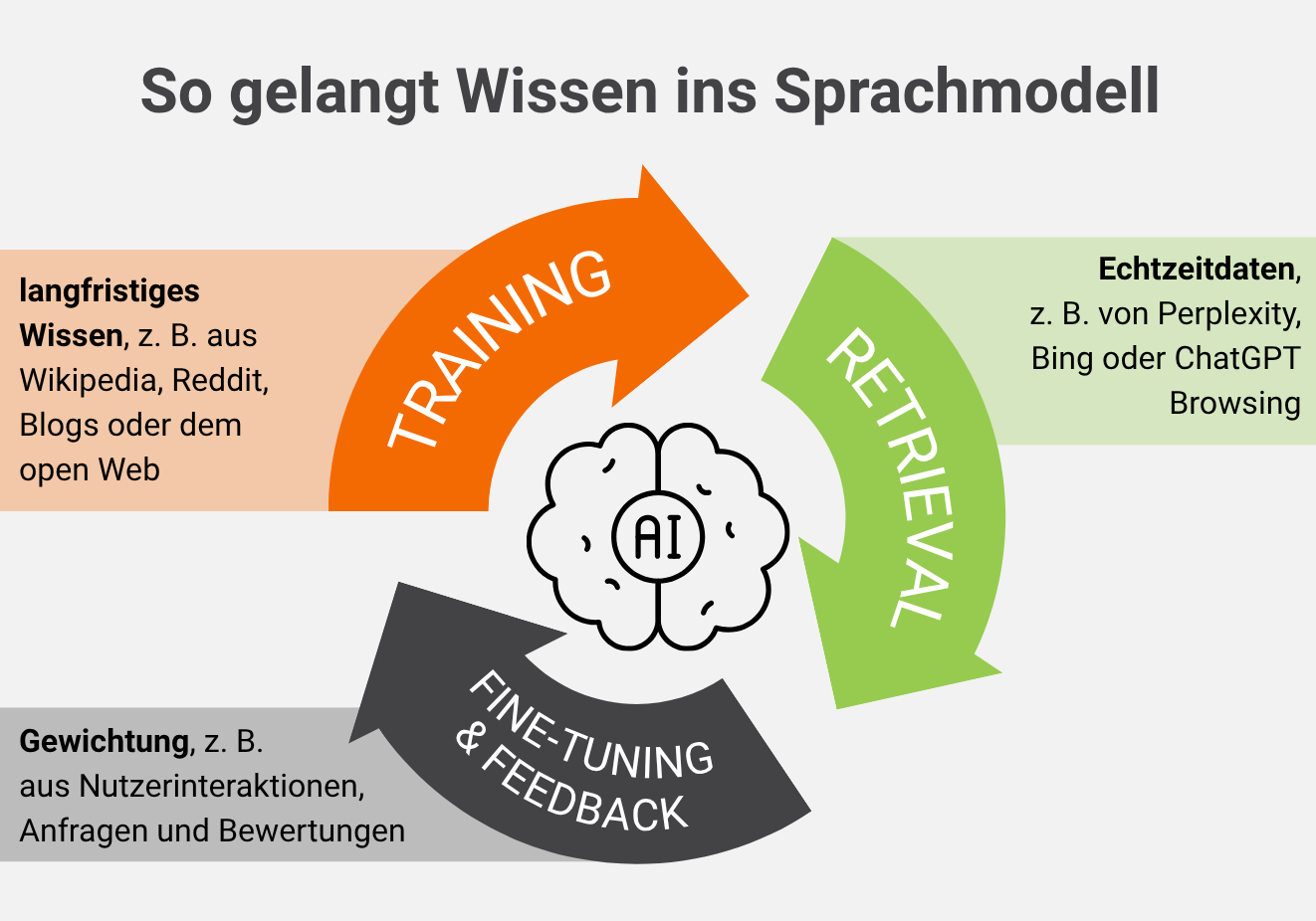 So gelangt Wissen ins Sprachmodell: 1. Training: Langfristiges Wissen, z. B. aus Wikipedia, Reddit, Blogs oder dem open Web 2. Retrieval: Echtzeitdaten, z. B. von Perplexity, Bing oder ChatGPT Browsing 3. Fine-Tuning & Feedback: Gewichtung, z. B. aus Nutzerinteraktionen, Anfragen und Bewertungen.